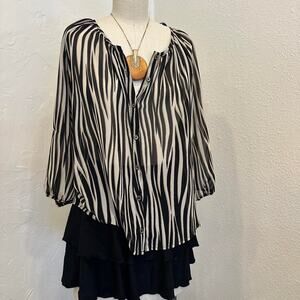 XXI women’s Medium Top Black Beige Zebra Print Sheer Button Up Blouse Y2k Flow